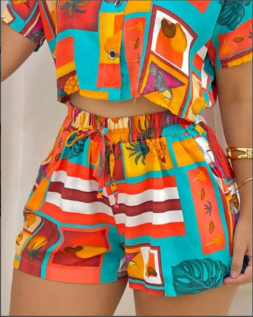 Yipinpay Women All Over Print Short Sleeve Top & Drawstring Shorts Set 2023 Fashion New Shorts Suit Female Casual Office Clothing